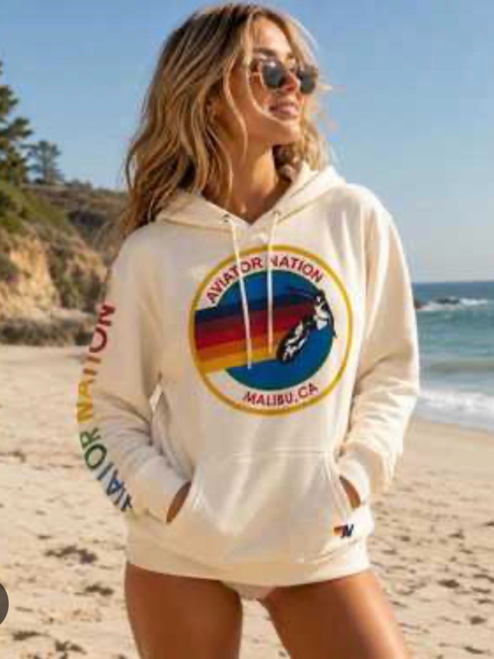 Aviator Nation Cream Hoodie with Multicolor Surf Logo